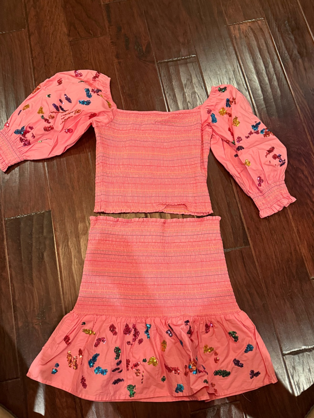 Queen of Sparkles Sequin Splatter Paint Smocked Skirt and shirt set